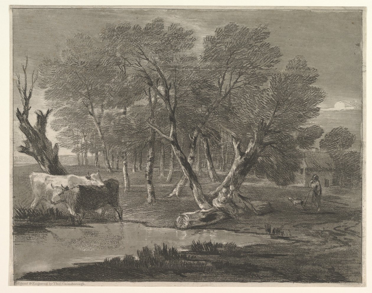 Zalesněná krajina s krávami u bazénu, figurami a chalupou, 1775-80. od Thomas Gainsborough