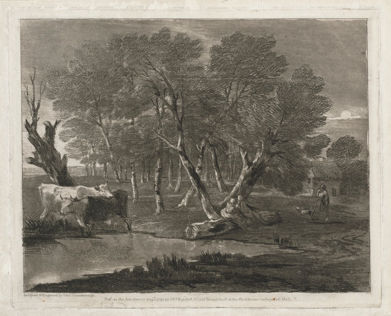 Zalesněná krajina s krávami vedle bazénu, figurami a chalupou, vydaná v roce 1797. od Thomas Gainsborough