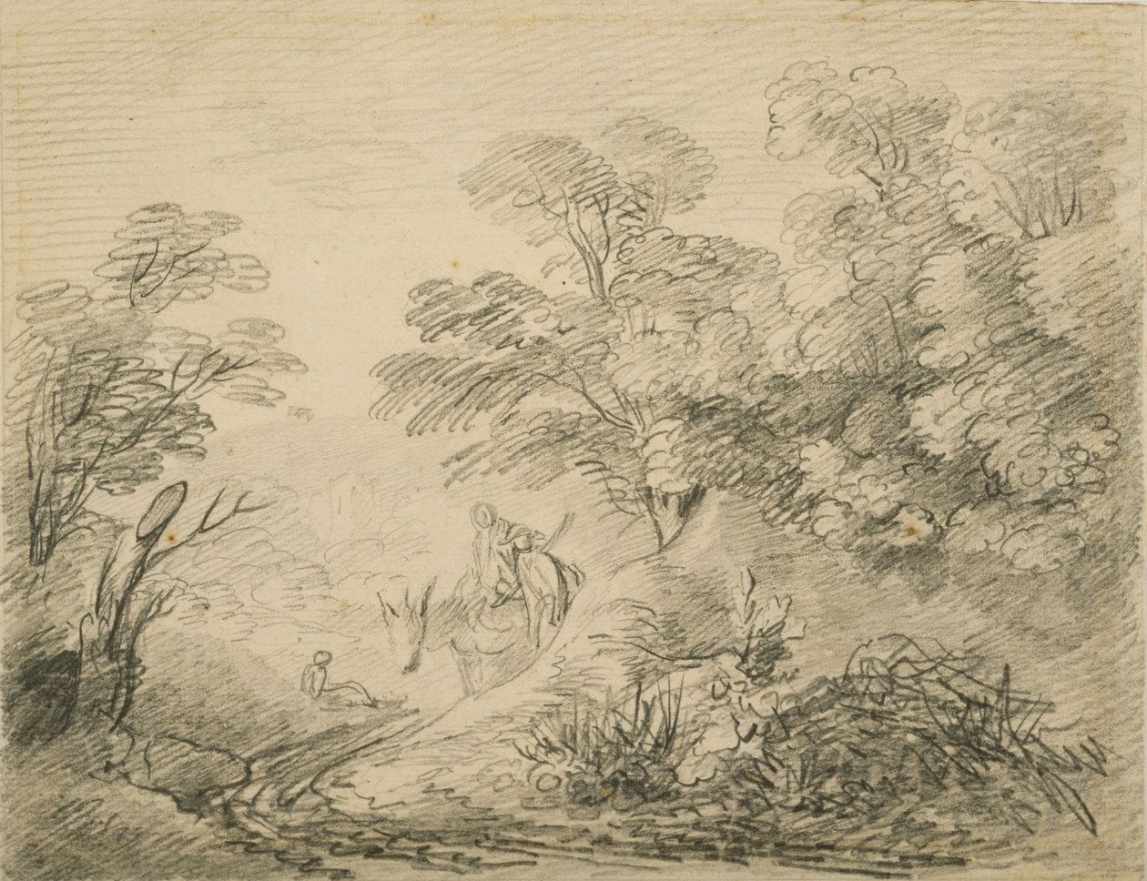 Zalesněná krajina s oslem a postavami, cca 1759 (grafit na papíře) od Thomas Gainsborough