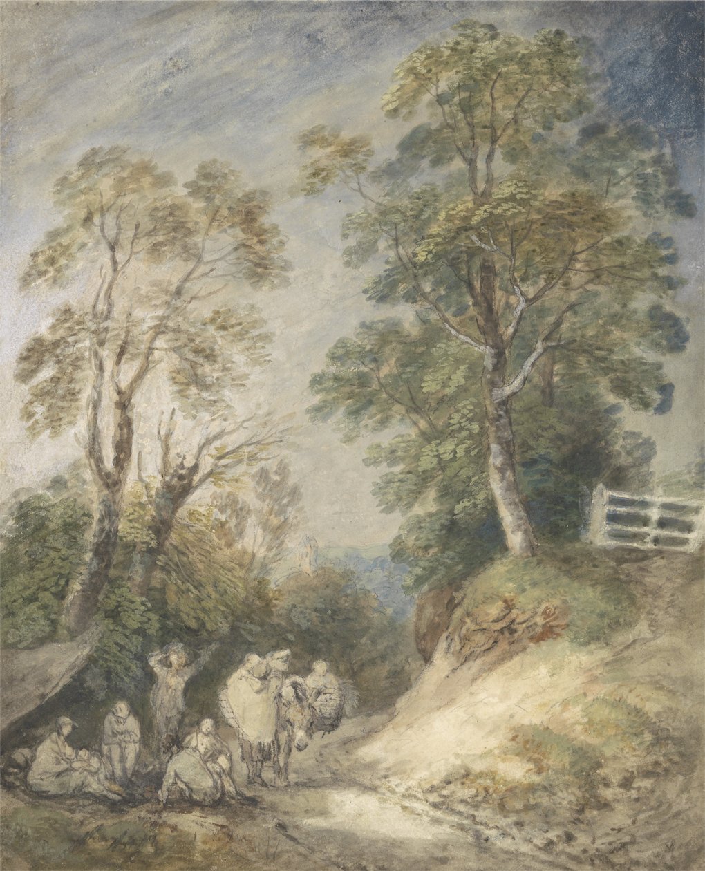 Zalesněná krajina s cikánským táborem, kolem 1760-65 (akvarel a kvaš přes tužku a křídu na papíře) od Thomas Gainsborough