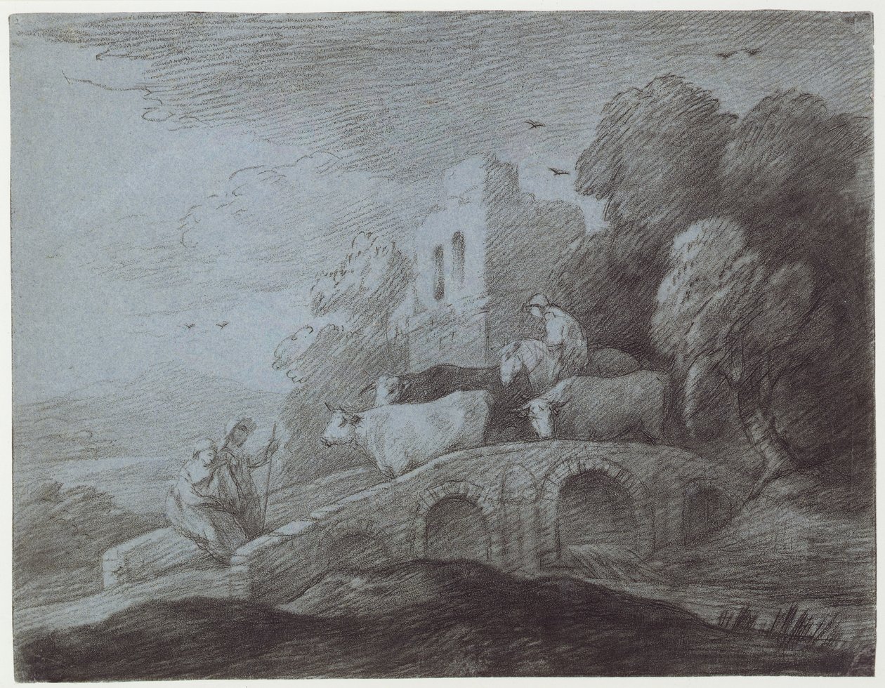 Zalesněná krajina s pastevcem pohánějícím dobytek (lept na papíře) od Thomas Gainsborough