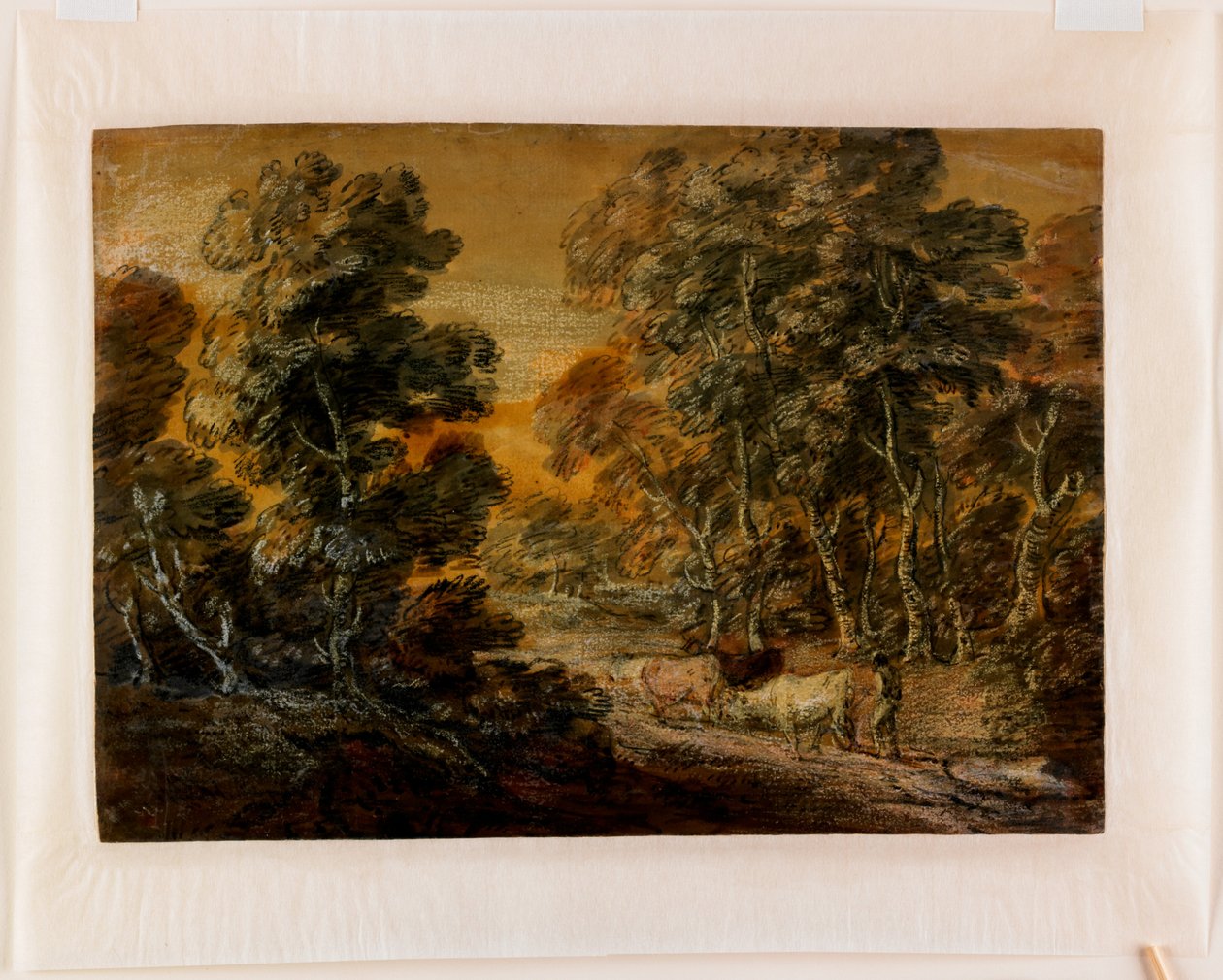 Zalesněná krajina s pastevcem a dobytkem, cca 1770 (černá a bílá křída, lakovaná) od Thomas Gainsborough