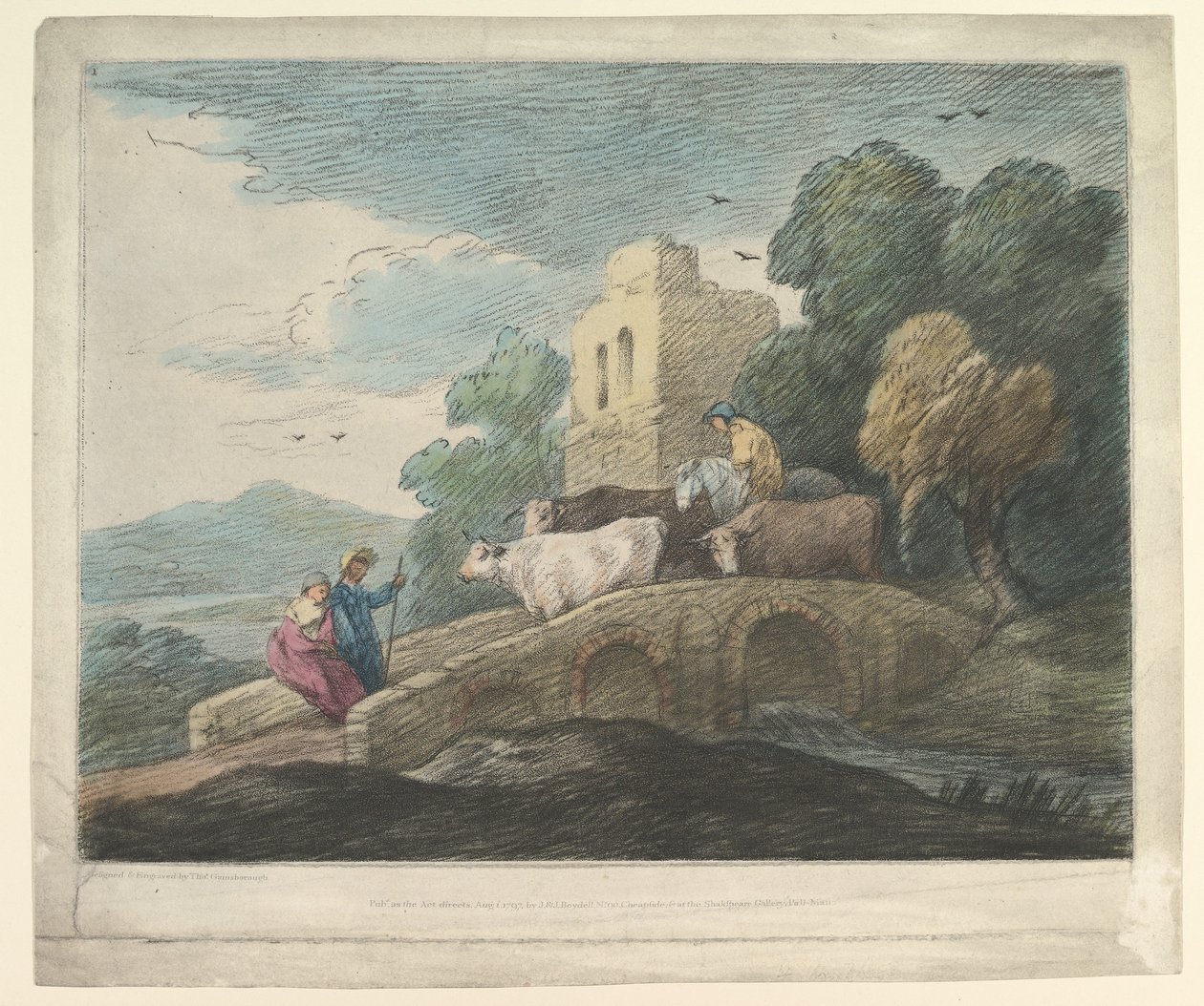 Zalesněná krajina s pastevci ženoucími dobytek přes most, rustikální milenci a zřícený hrad, 1797. od Thomas Gainsborough