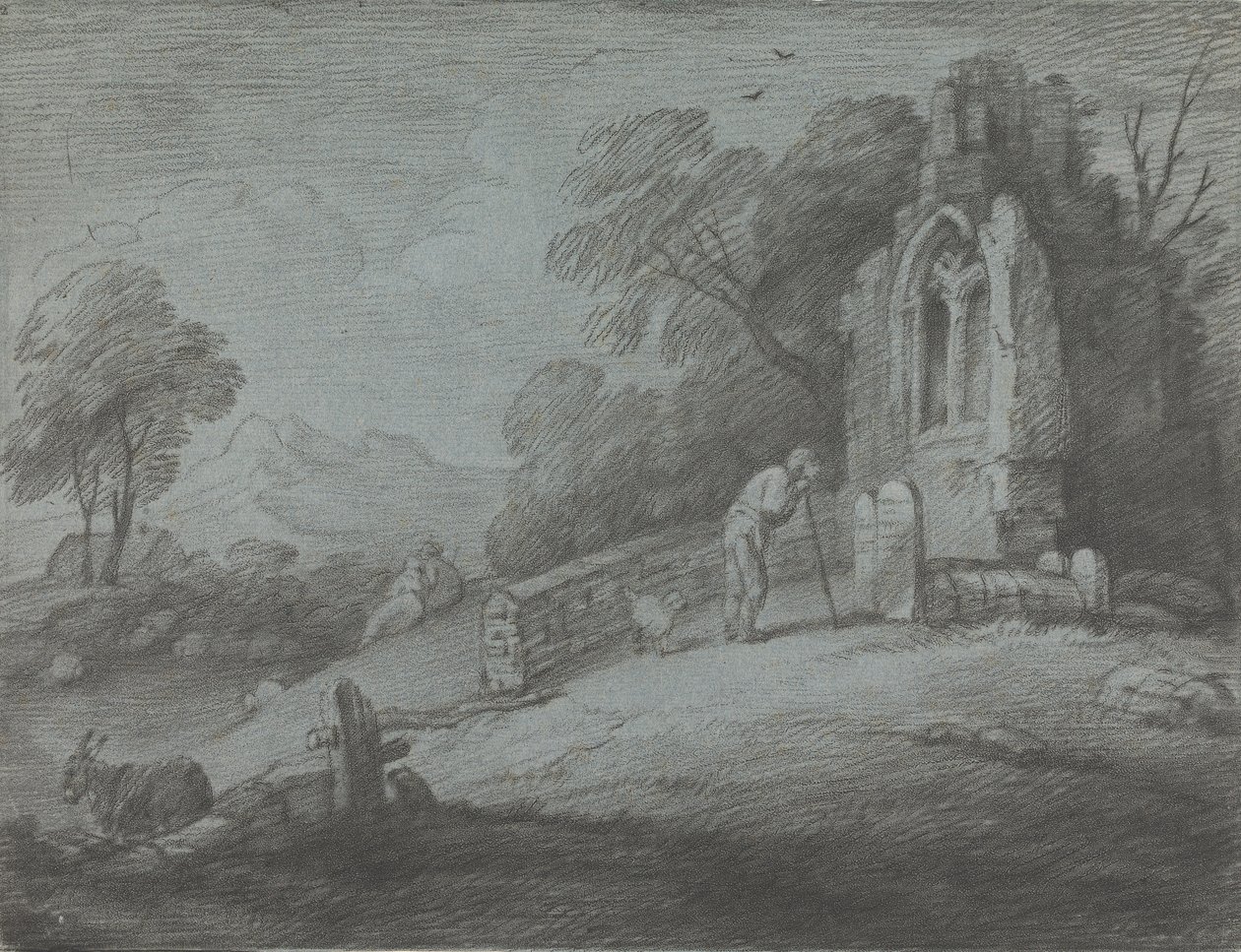Zalesněná krajina s náhrobním kamenem selského čtení, rustikálními milenci a zničeným kostelem od Thomas Gainsborough