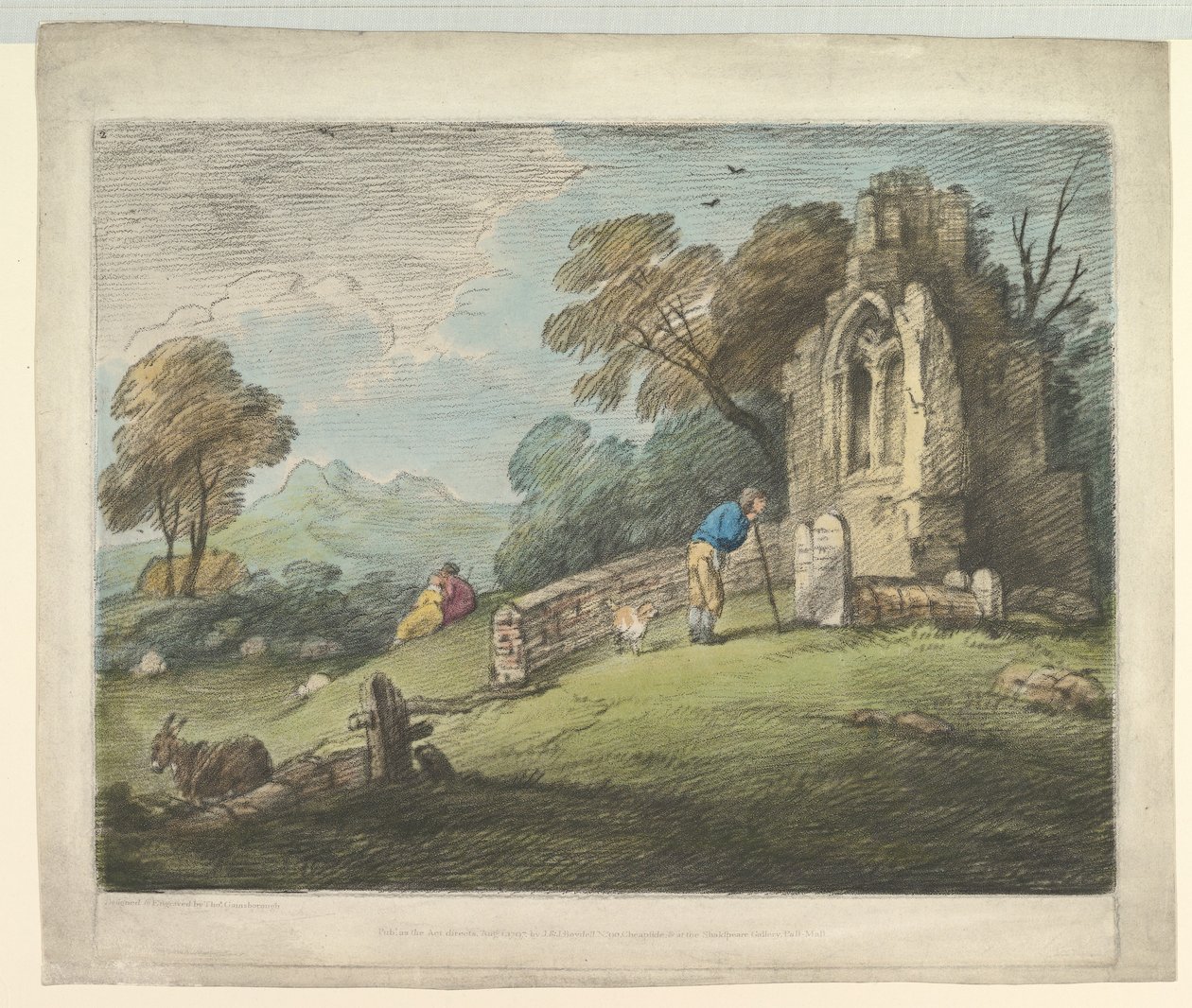 Zalesněná krajina s náhrobkem sedláka, milenci rustikálu a zničeným kostelem, 1. srpna 1797. od Thomas Gainsborough