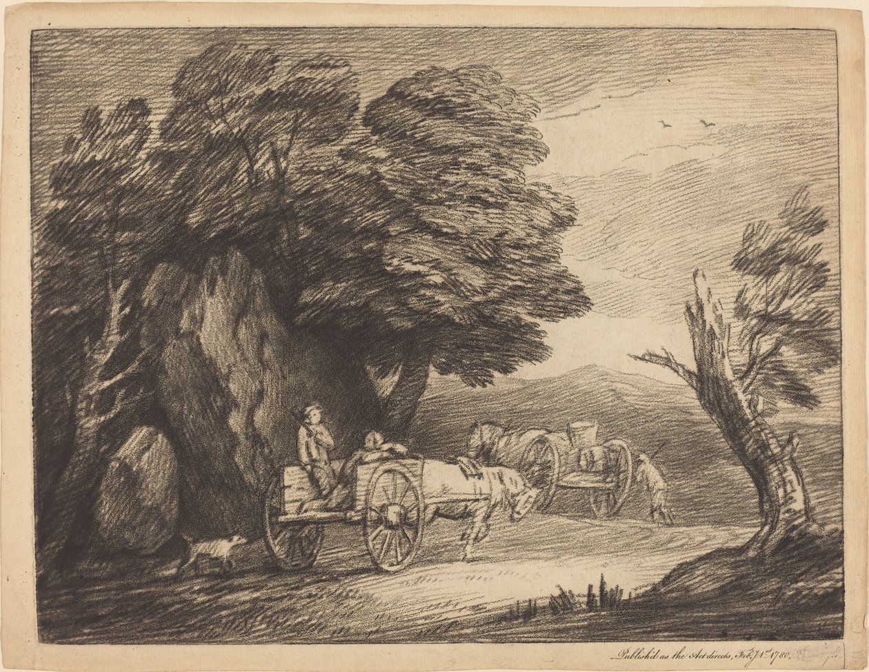 Zalesněná krajina se dvěma venkovskými vozíky a figurkami od Thomas Gainsborough