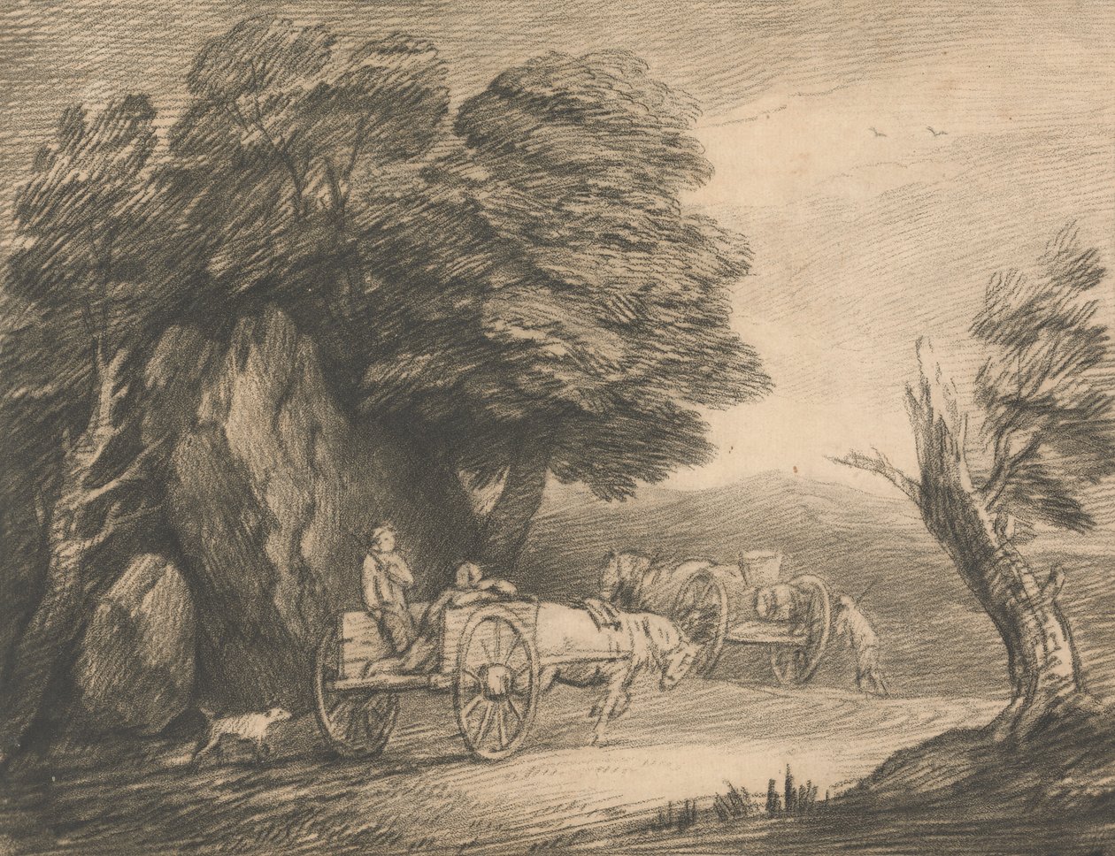 Zalesněná krajina se dvěma venkovskými vozíky a figurkami od Thomas Gainsborough