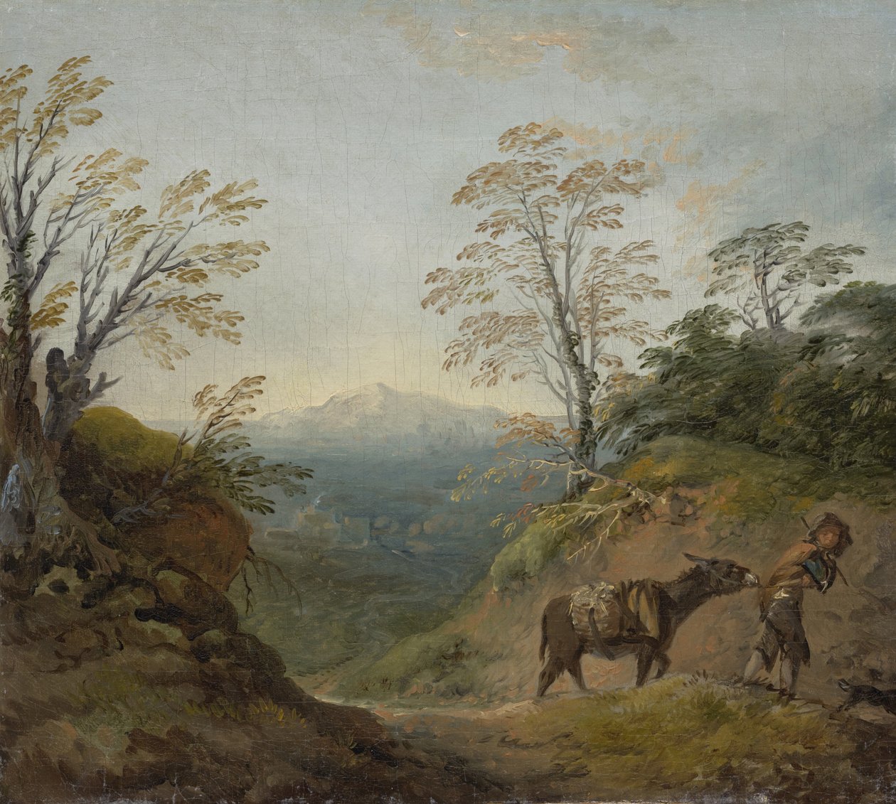 Zalesněná krajina s chlapcem, který vede osla a psa, a rozsáhlé panoráma s budovami a vzdálenými kopci, počátek 60. let 18. století od Thomas Gainsborough