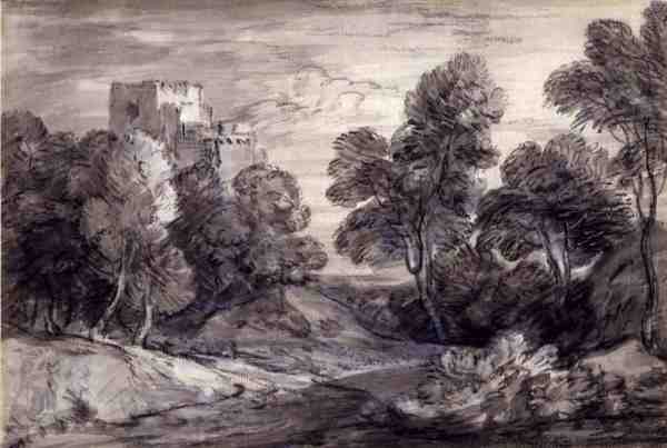 Zalesněná krajina s hradem (křída a dřevěné uhlí na papíře) od Thomas Gainsborough