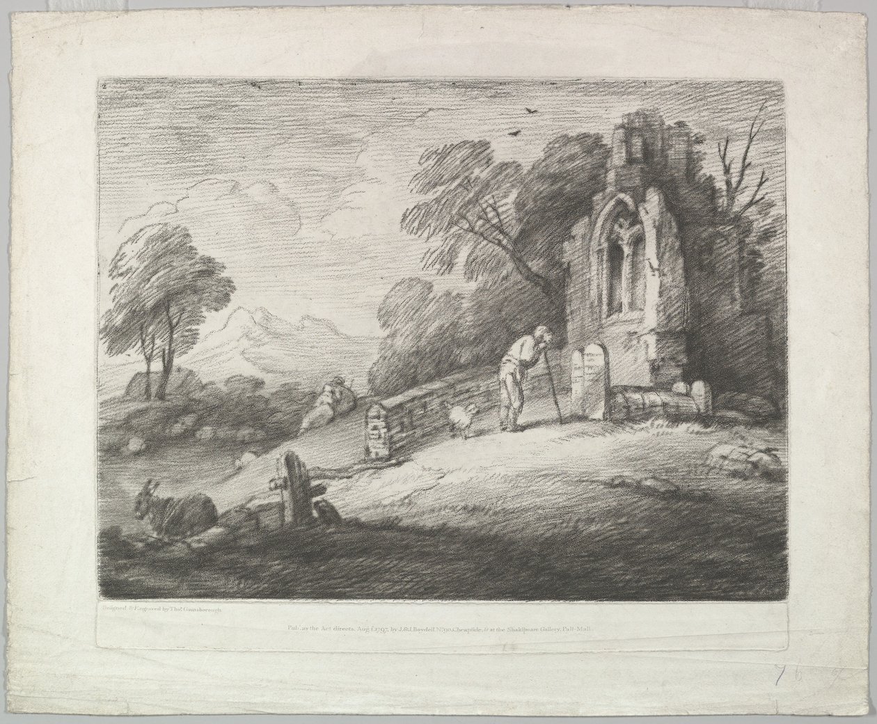 Zalesněná krajina s rolníkem čtoucím na náhrobku, rustikálními milenci a zničeným ..., 1. srpna 1797. od Thomas Gainsborough