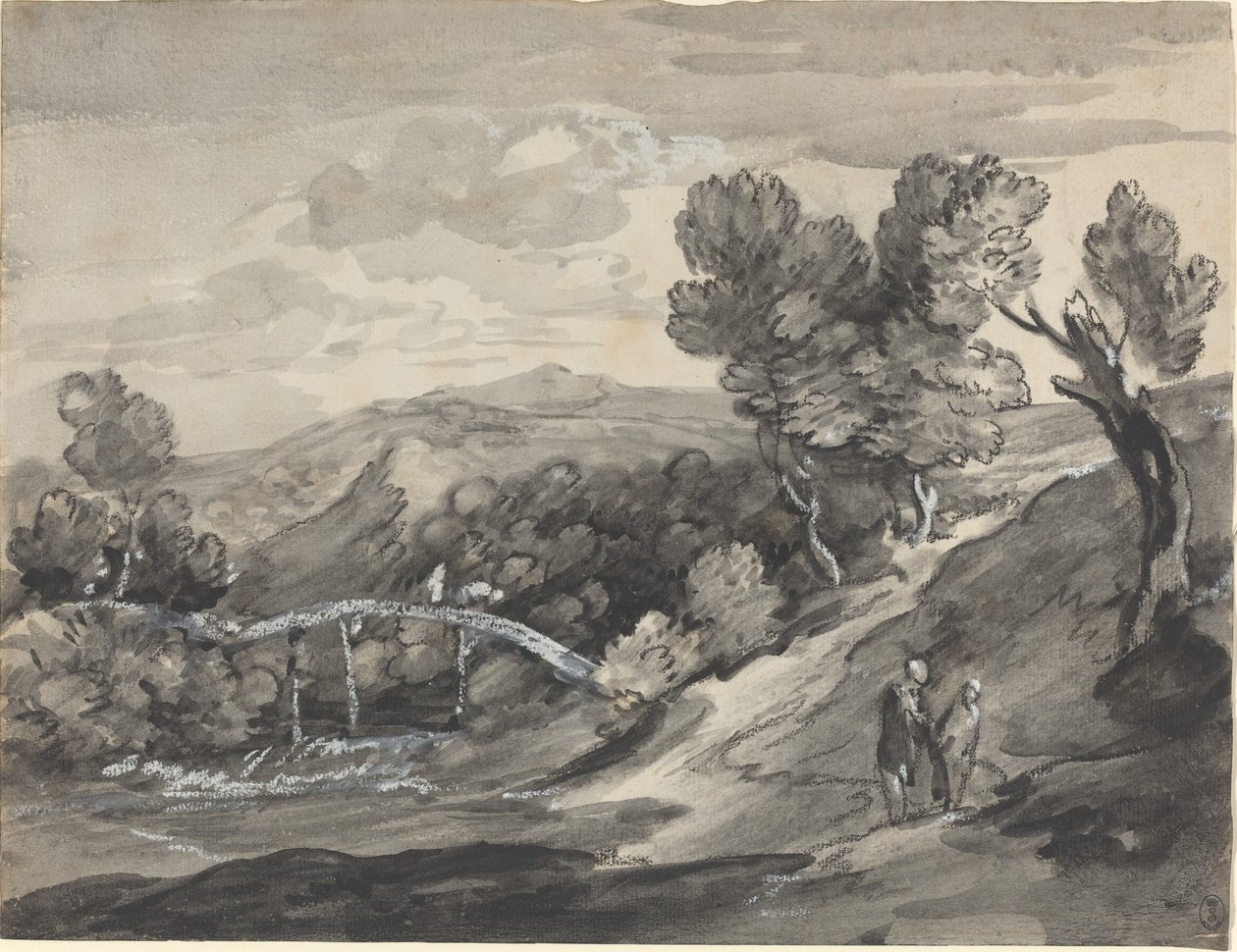 Zalesněná horská krajina s mostem od Thomas Gainsborough