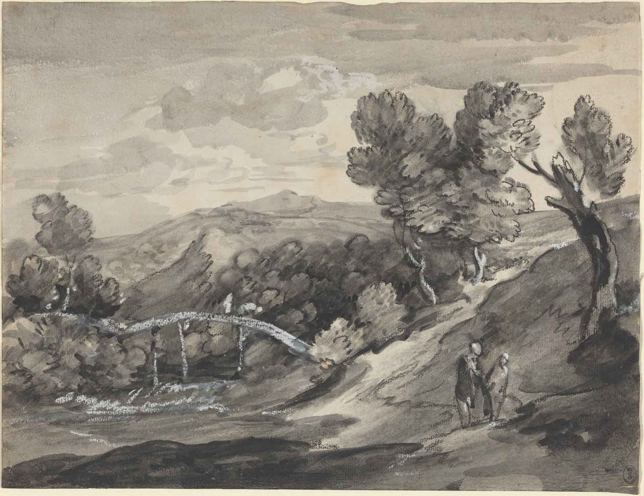 Zalesněná horská krajina s mostem od Thomas Gainsborough