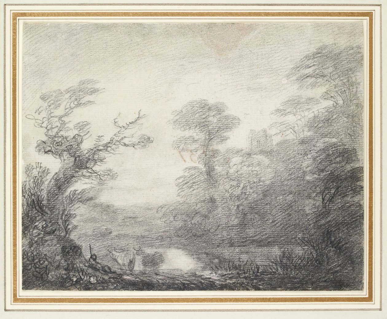 Zalesněná krajina s pastevcem, krávami a kostelní věží od Thomas Gainsborough