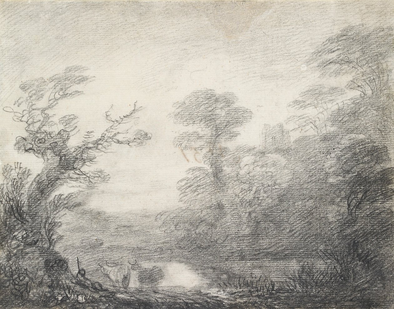 Zalesněná krajina s pastevcem, krávami a kostelní věží, 1753-1757 od Thomas Gainsborough