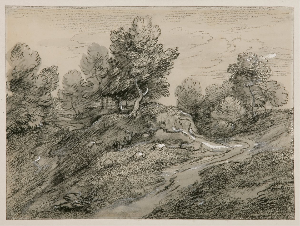 Zalesněná vrchovinná krajina s pastýřem, ovcemi a polní cestou vinoucí se kolem návrší od Thomas Gainsborough
