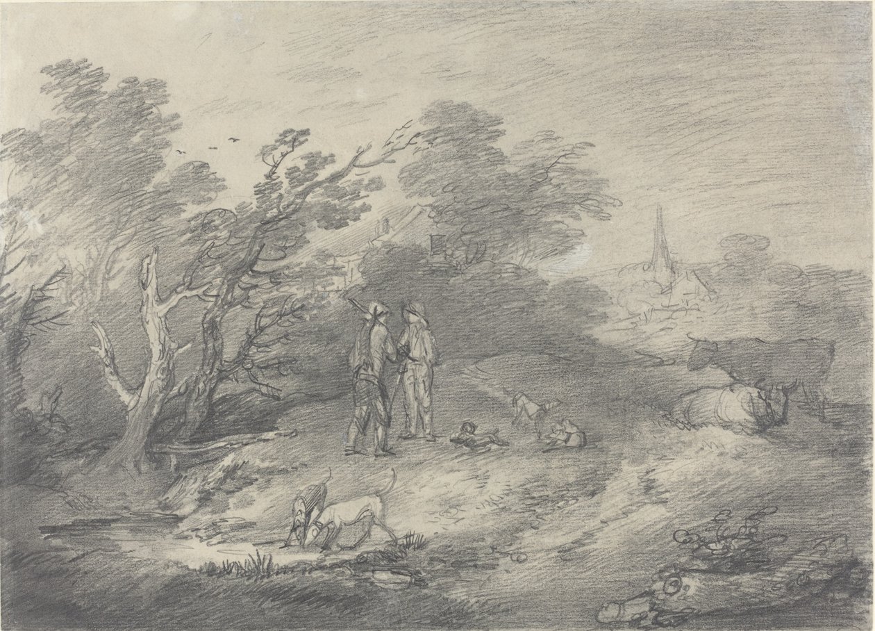 Lesy poblíž vesnice s lapači králíků a jejich chrty od Thomas Gainsborough