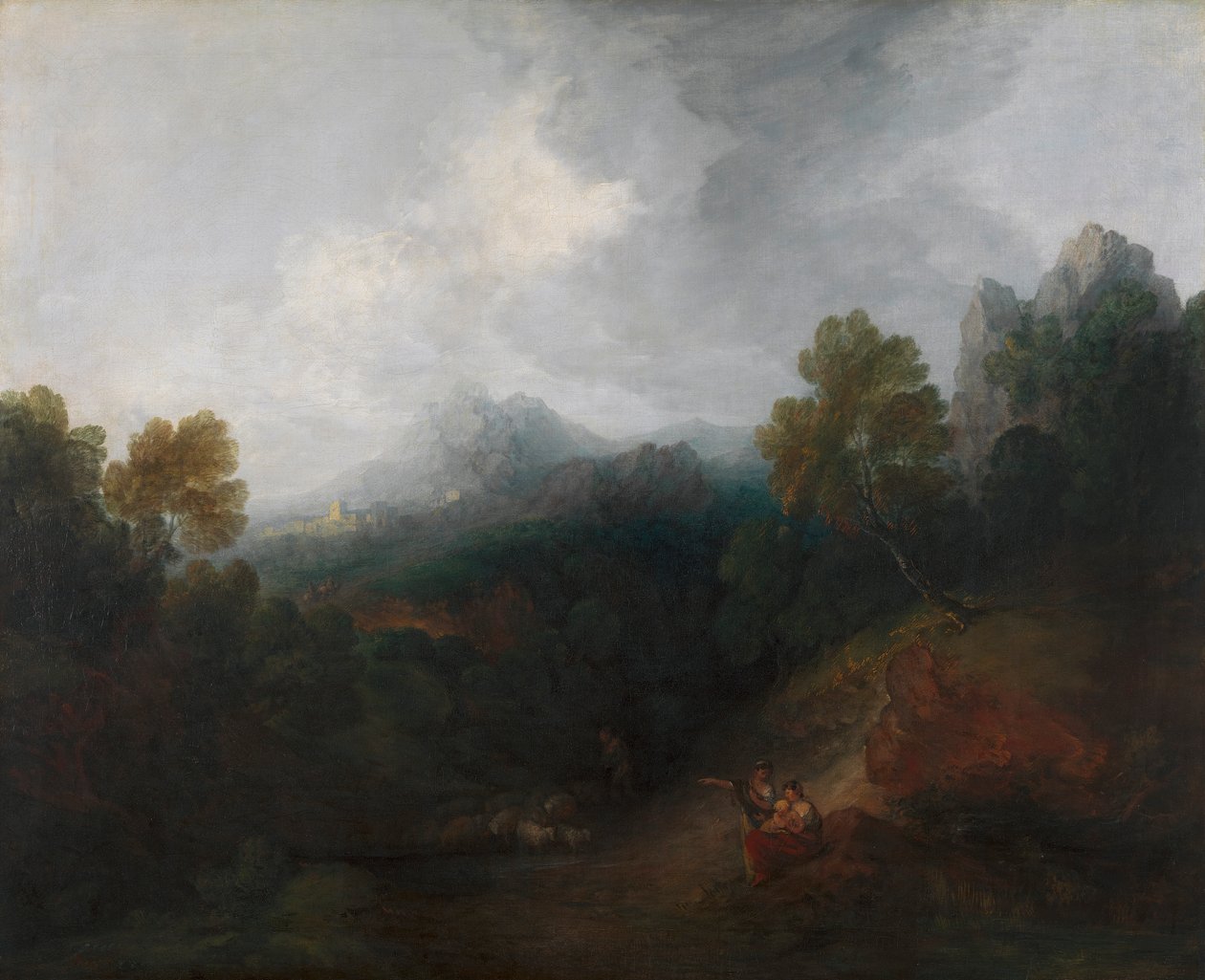 Horské údolí s postavami a vzdálenou vesnicí od Thomas Gainsborough RA
