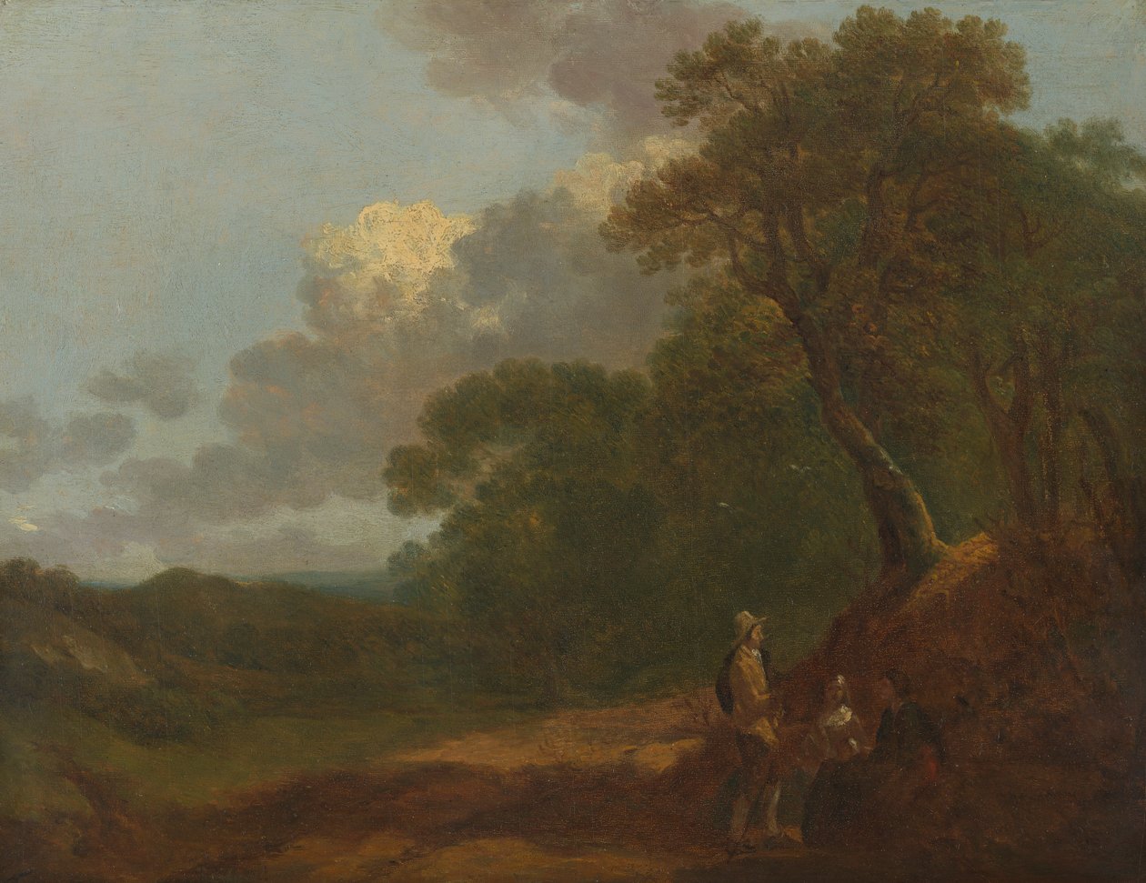 Zalesněná krajina s mužem mluvícím se dvěma sedícími ženami od Thomas Gainsborough RA