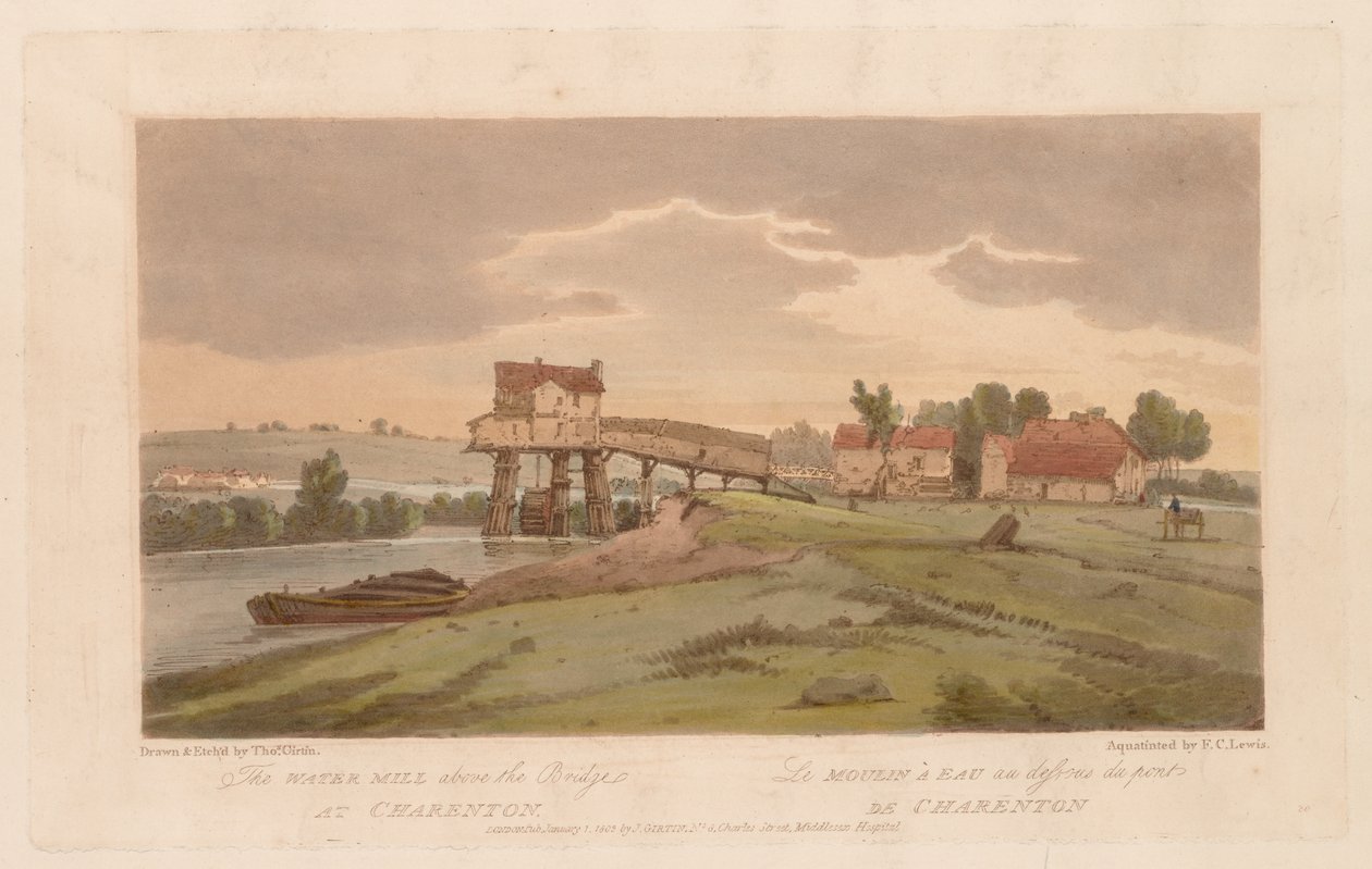 Výběr dvaceti nejmalebnějších pohledů v Paříži: Vodní mlýn nad mostem...1803 od Thomas Girtin