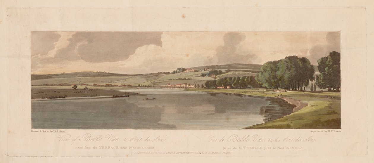 Výběr dvaceti nejmalebnějších výhledů v Paříži: Pohled na Belle Vue a Pont de Sêve..., 1 od Thomas Girtin
