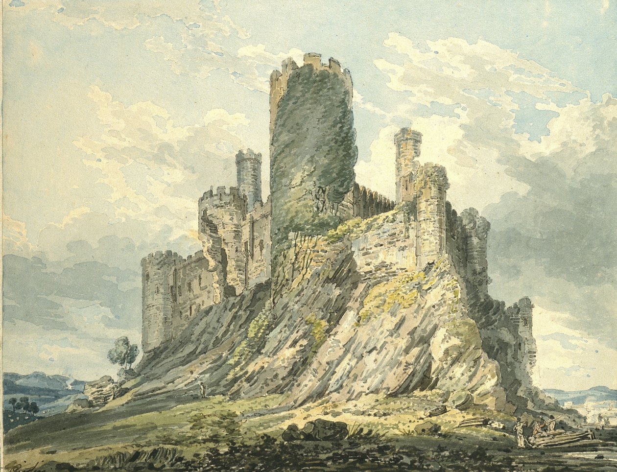 Hrad Conway, kolem roku 1793 (akvarel, dotek rákosovým perem, přes náznaky v grafitu) od Thomas Girtin