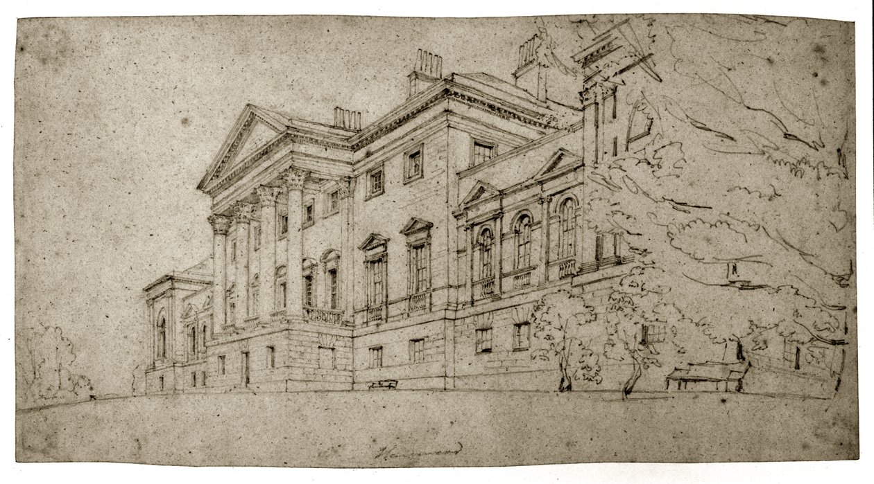 Harewood House, Yorkshire, cca 1798 (grafit na texturovaném tkaném papíru) od Thomas Girtin