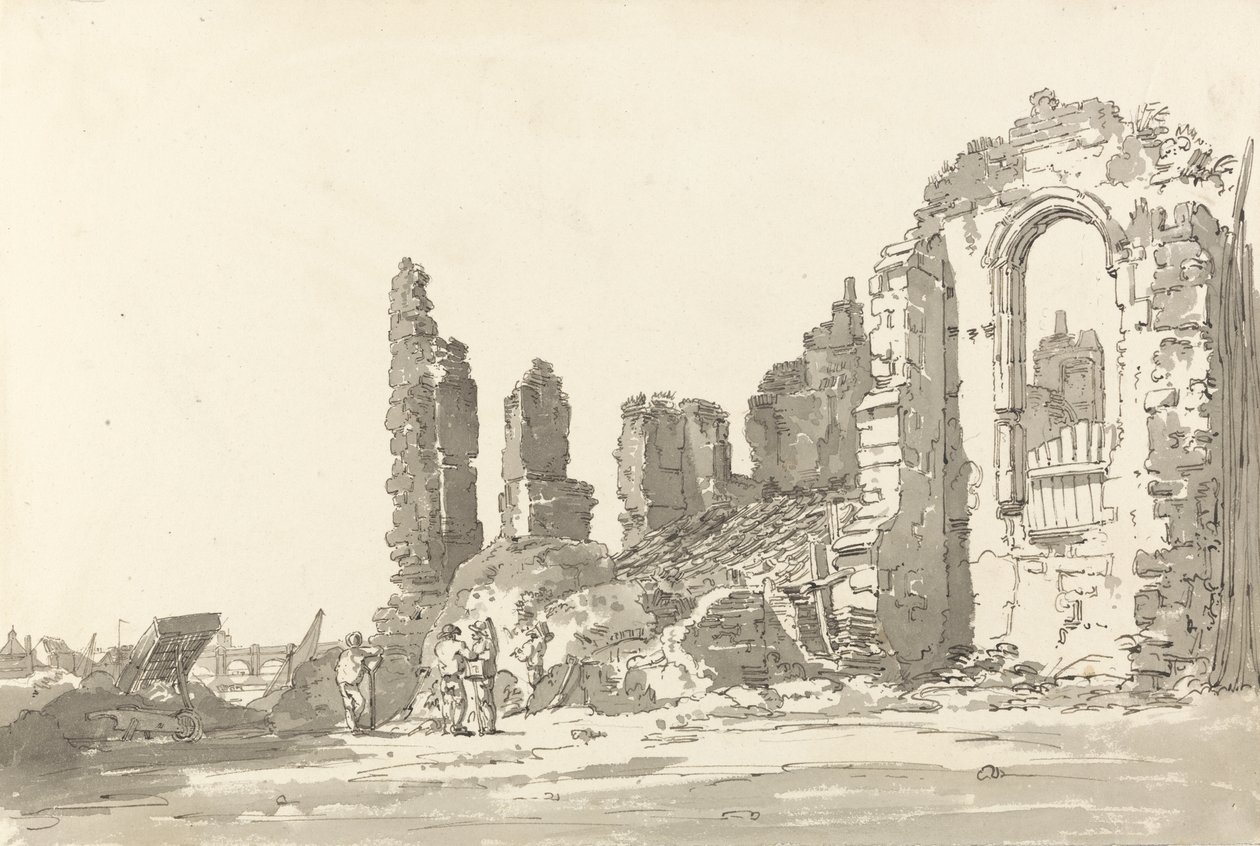 Ruiny paláce Savoy, Londýn (pero a inkoust s mytím na papíře) od Thomas Girtin