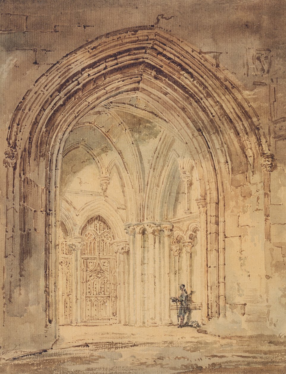Katedrála St. Alban, Hertfordshire, cca 1797 (wc, pero a hnědý inkoust na papíře) od Thomas Girtin