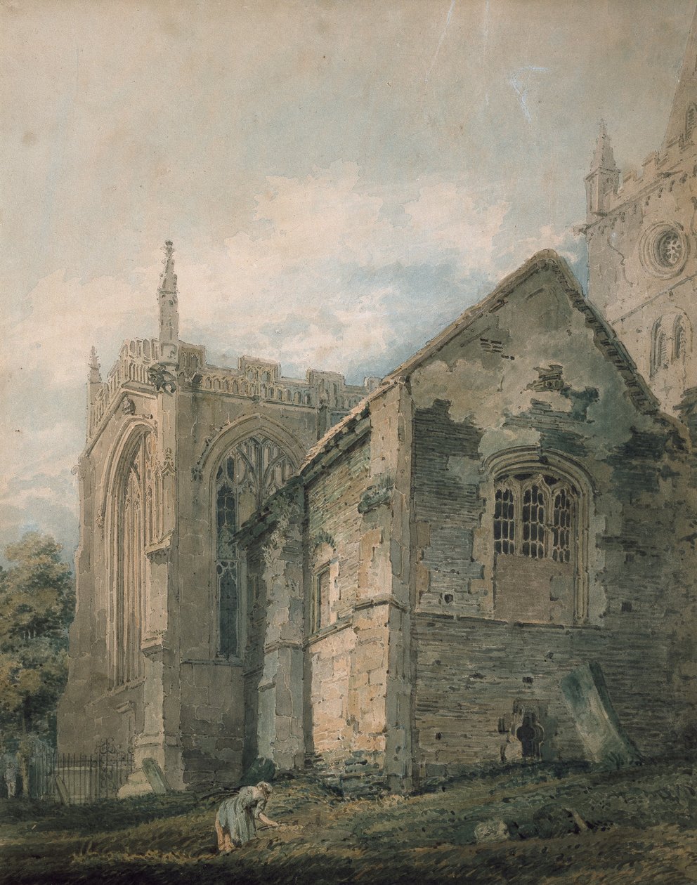 The Ancient Charnel House, Holy Trinity Church, Stratford-upon-Avon (akvarel přes grafitové náznaky, dotek rákosovým perem) od Thomas Girtin