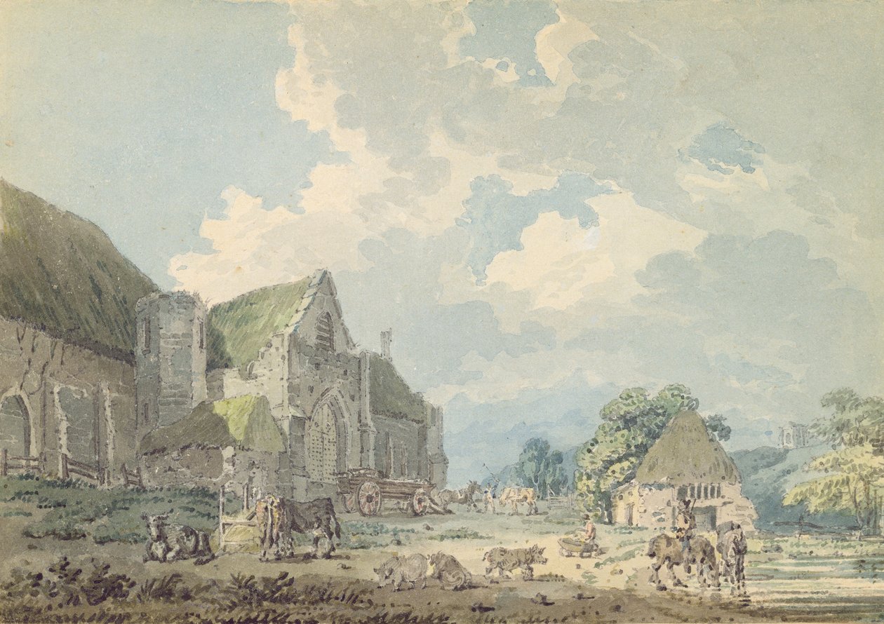 Desátková stodola v Abbotsbury s opatstvím na kopci..., kolem roku 1795 (wc nad grafitem na papíře) od Thomas Girtin
