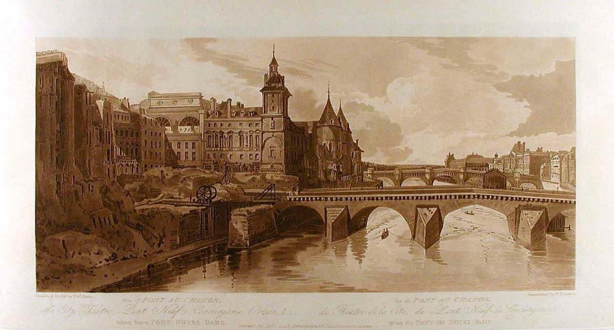 Pohled na Pont au Change, Městské divadlo, Pont Neuf, věznici Conciergerie atd., z Pont Notre-Dame od Thomas Girtin