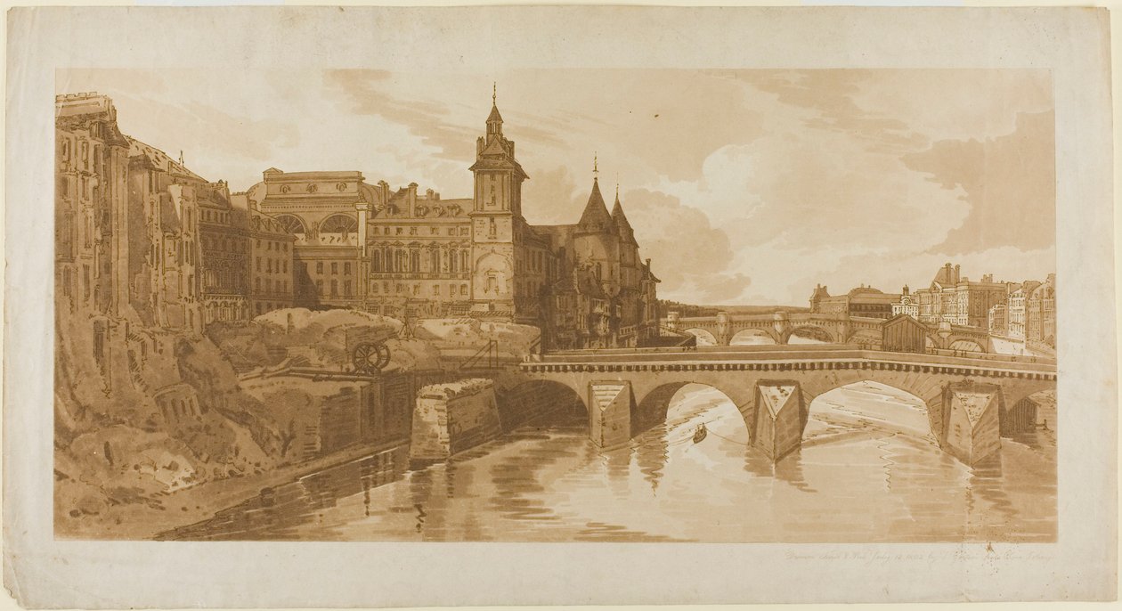 Pohled na Pont au Change, Městské divadlo, Pont Neuf, věznici Conciergerie atd. převzatý z Pont Notre Dame, z Výběru dvaceti nejmalebnějších pohledů v Paříži od Thomas Girtin