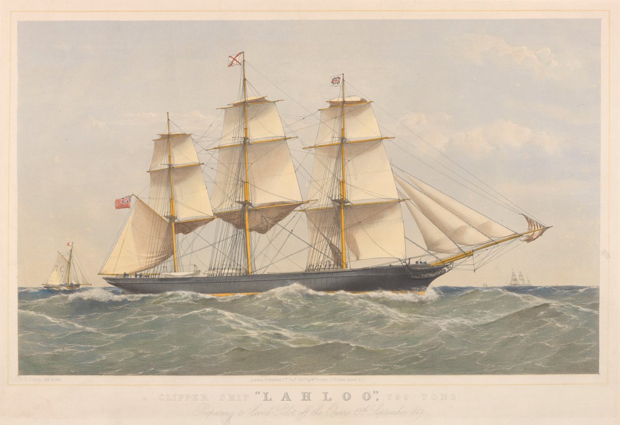 Clipper Ship Lahloo, 799 tun, připravuje se na přistání Pilot u Owersu od Thomas Goldsworth Dutton