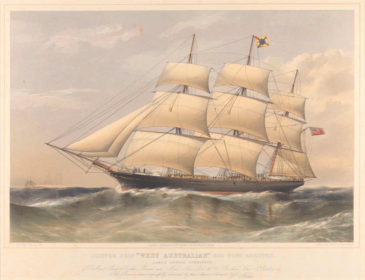 Západoaustralská 600tunová loď Clipper Register, asi 1857-60 (litografie, kolorovaná) od Thomas Goldsworth Dutton