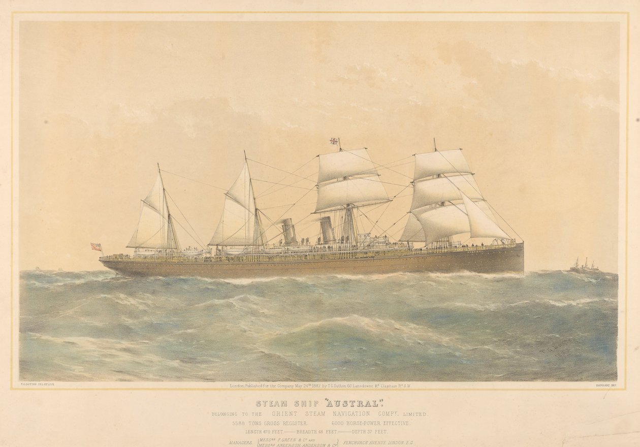 Parní loď Austral patřící společnosti Orient Steam Navigation Company Limited, asi 1868-74 (kolorovaná litografie) od Thomas Goldsworth Dutton