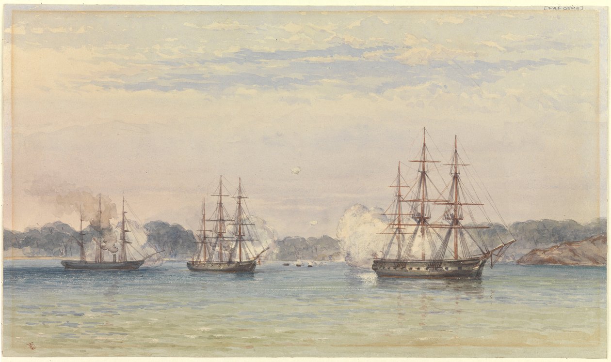Čínská válka 1857, tři lodě HM bombardují a lodní čluny na pobřeží od Thomas Goldsworth Dutton