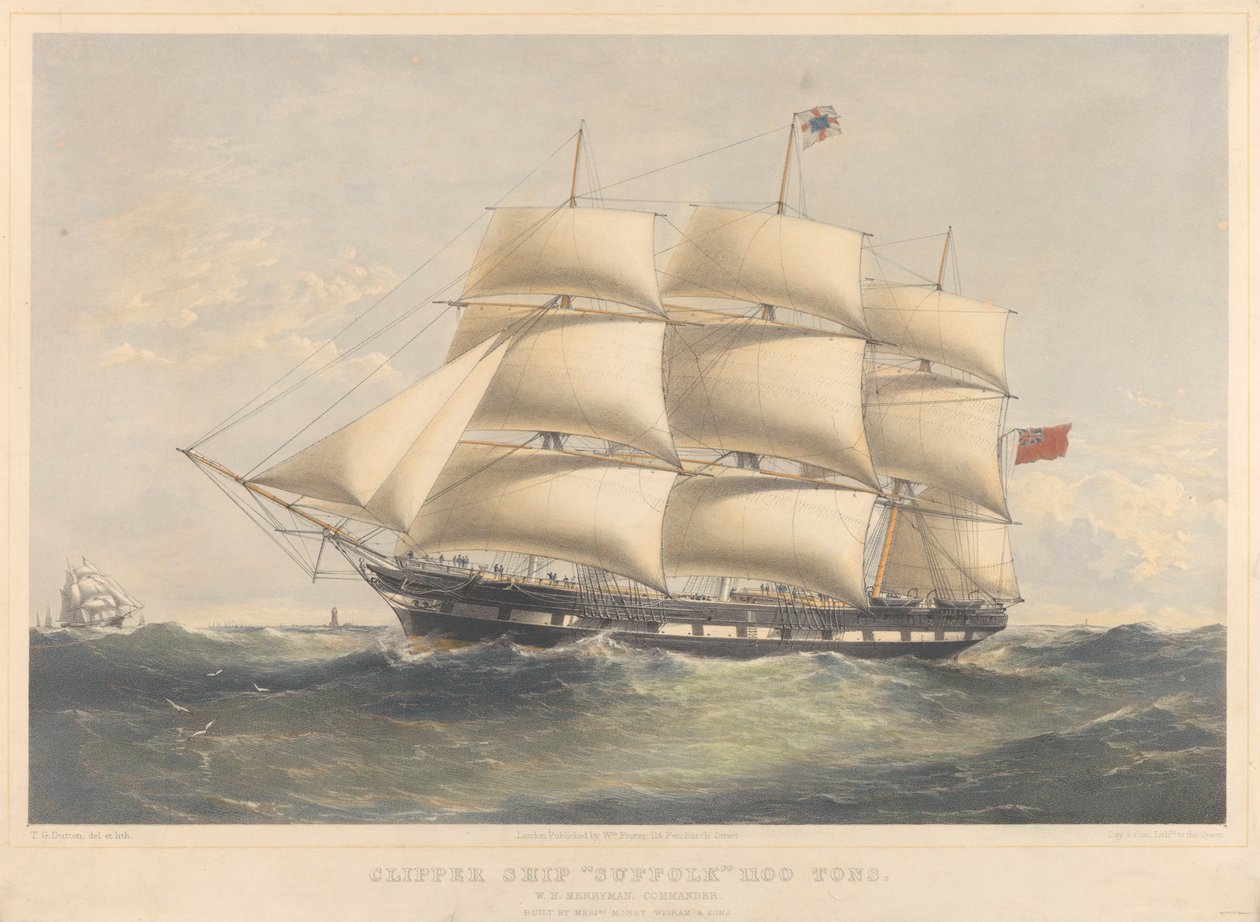 Clipperová loď Suffolk 1100 Tons, asi 1857-60 (litografie, kolorovaná) od Thomas Goldsworth Dutton