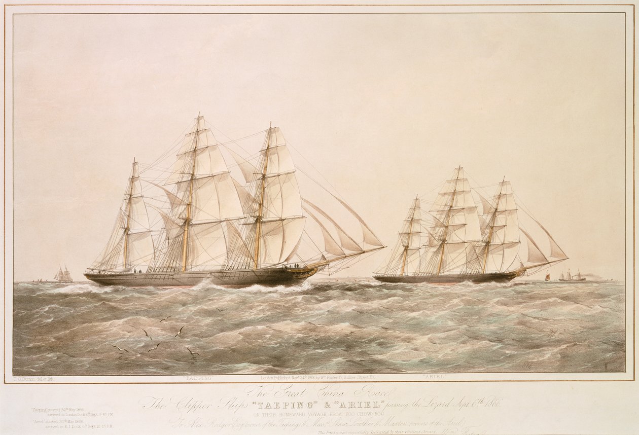 Velký čínský závod: Clipperovy lodě "Taeping" a "Ariel" míjejí Ještěrčí jezero 6. září 1866 na zpáteční cestě z Foo-Chow-Foo od Thomas Goldsworth Dutton