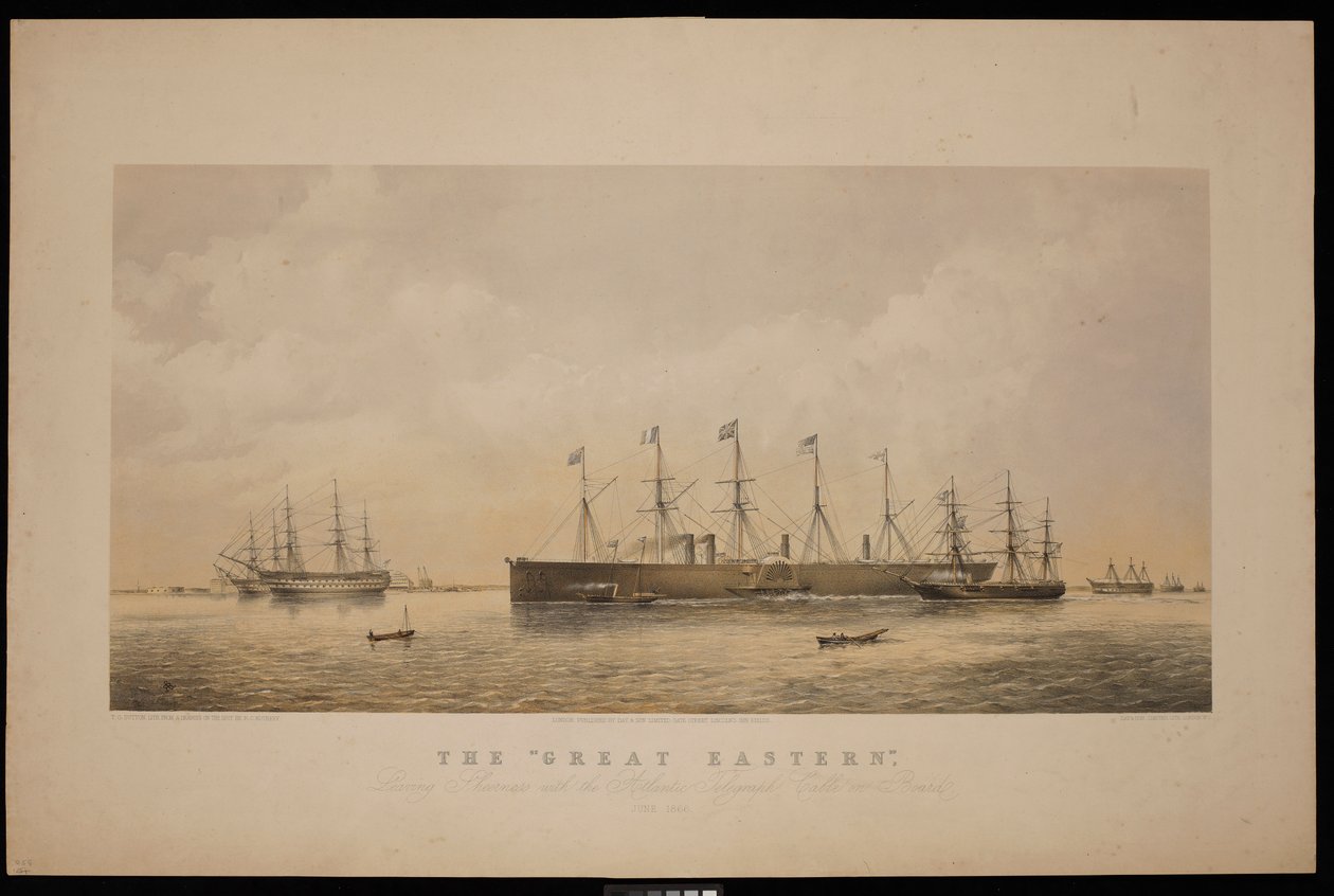 Loď Great Eastern opouští Sheerness s atlantickým telegrafním kabelem na palubě červen 1866 (litografie, tónovaná) od Thomas Goldsworth Dutton