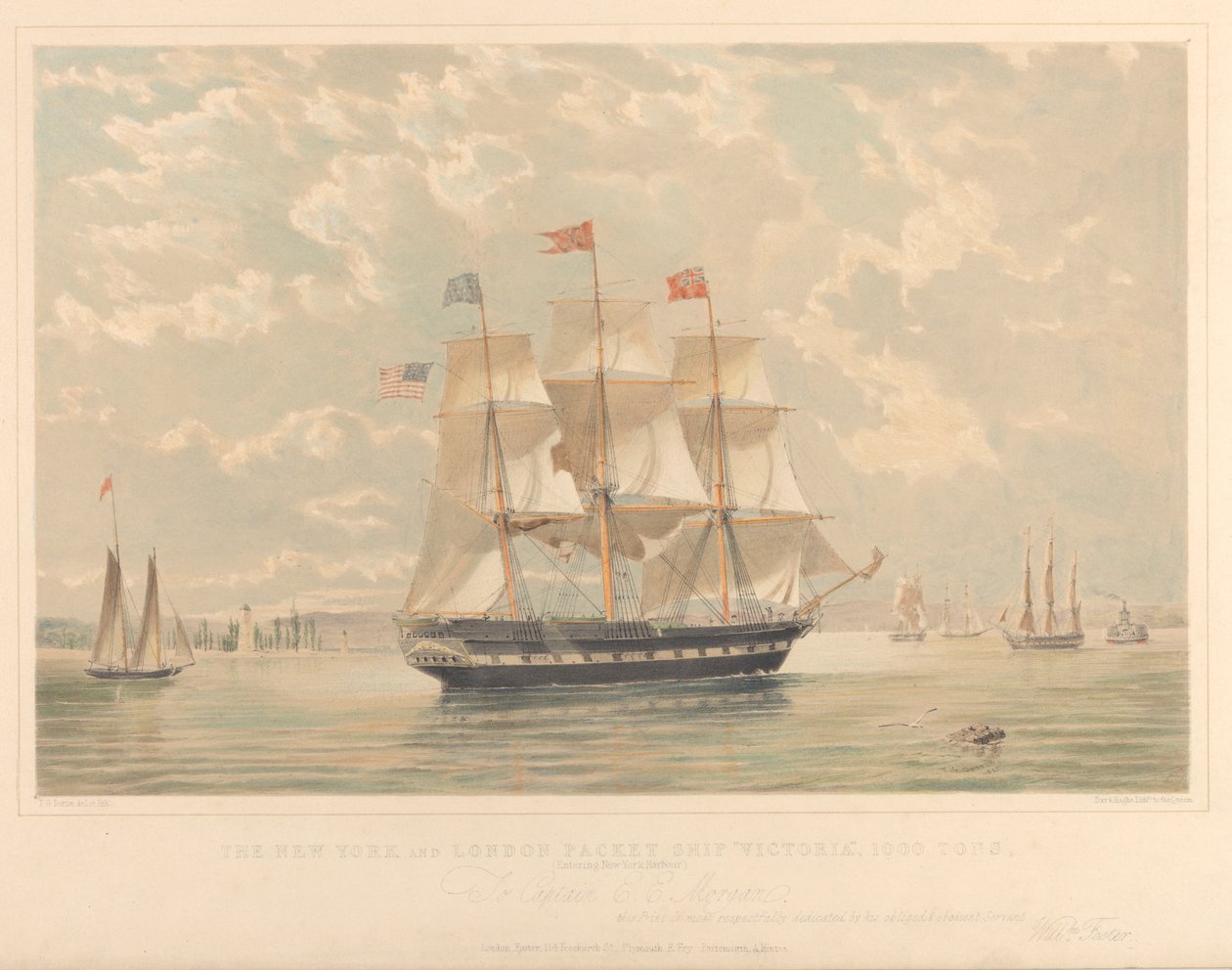 Newyorská a londýnská dopravní loď Victoria (vplouvá do newyorského přístavu), asi 1839-44 (litografie, kolorovaná) od Thomas Goldsworth Dutton
