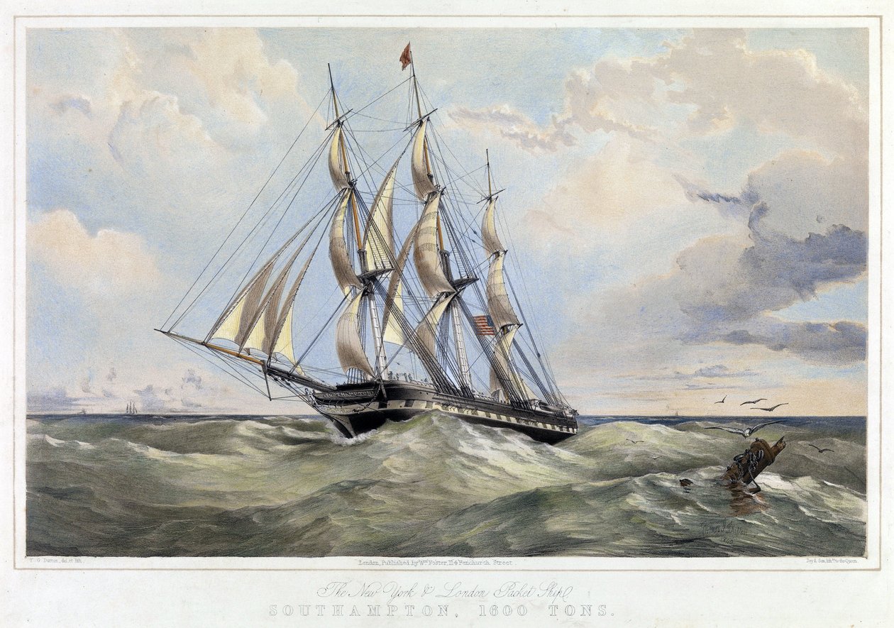 New York linka plachetnice (Spojené státy) Londýn (Anglie), Southampton (kapacita 1600 tun). Barevná litografie, Thomas Goldsworth Dutton (1819-1891) od Thomas Goldsworth Dutton
