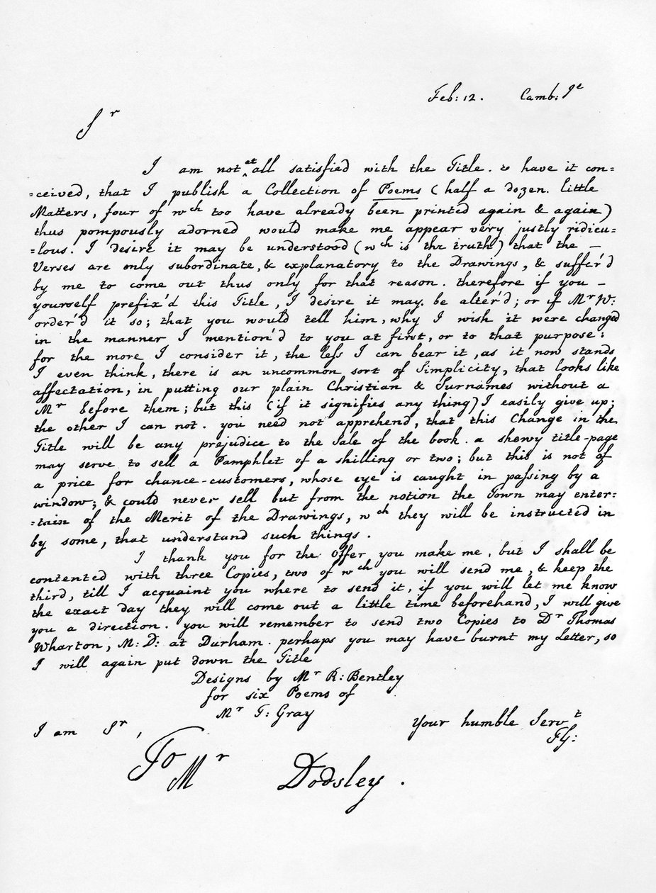 Dopis Thomase Graye týkající se vydání jeho poetických děl, c1753, 1840 od Thomas Gray