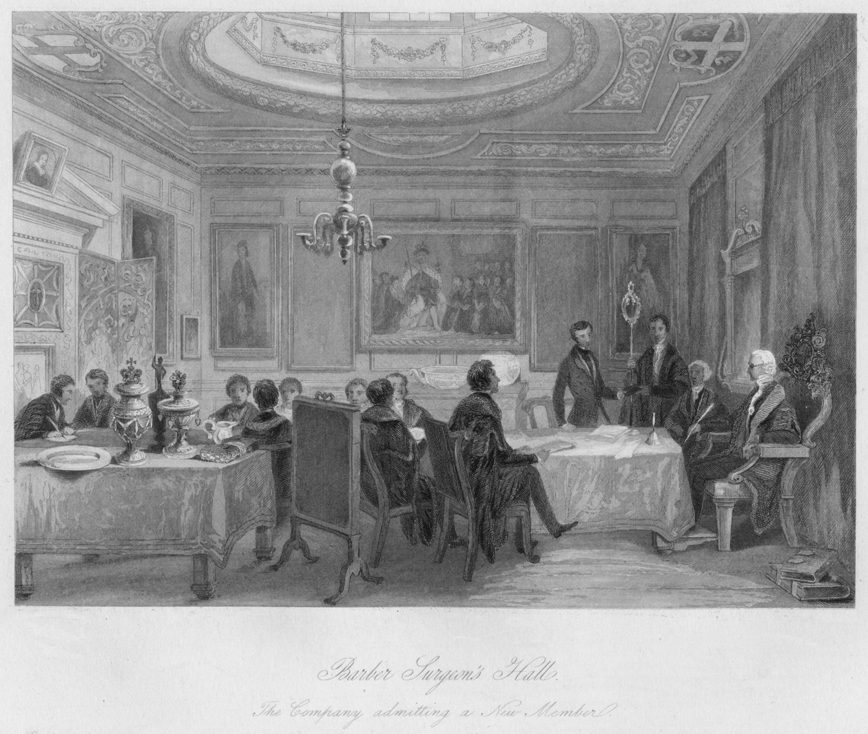Sál holičských chirurgů. Společnost přijímá nového člena, c1841 od Thomas H. Ellis
