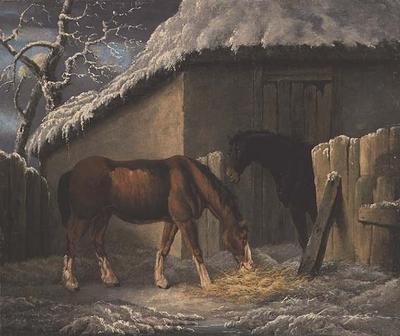 Zimní krajina se dvěma koňmi krmícími se mimo stáj (z roku 1804) od Thomas Hand
