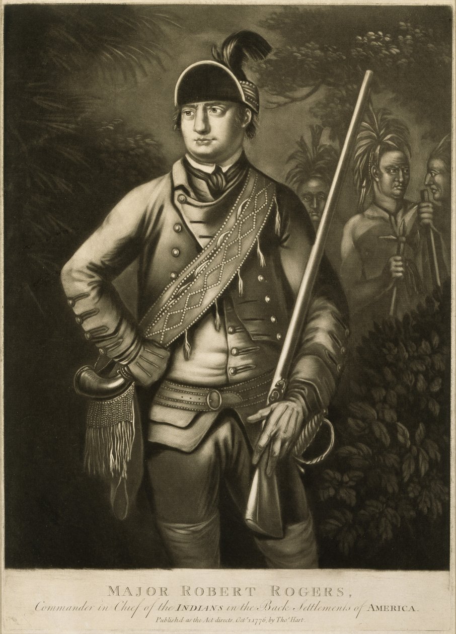 Major Robert Rogers, vrchní velitel Indiánů v zadních osadách Ameriky, c. 1776 (mezzotinta) od Thomas Hart