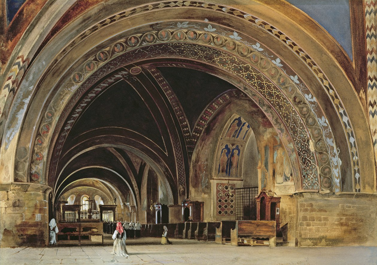 Interiér Dolní baziliky sv. Františka z Assisi, 1839 (wc und kvaš s arabskou gumou) od Thomas Hartley Cromek