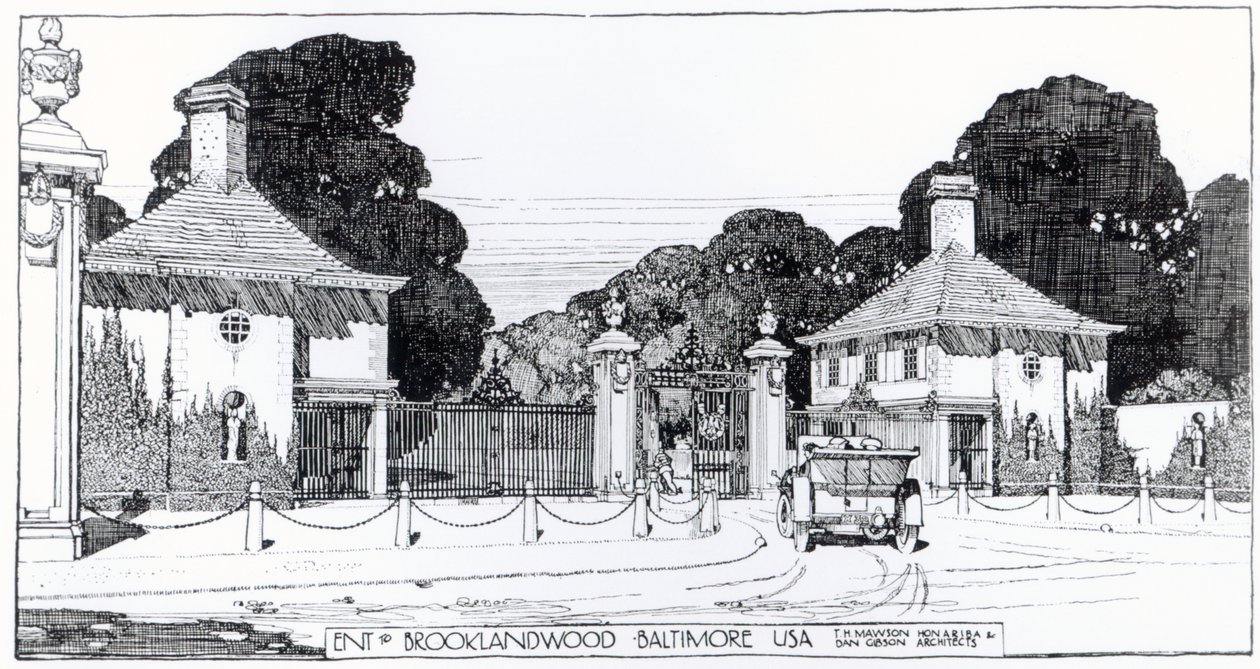 Vstup do Brooklandwood, Baltimore, USA, od Thomase Mawsona „Umění a řemeslo zahradní tvorby“ od Thomas Hayton Mawson