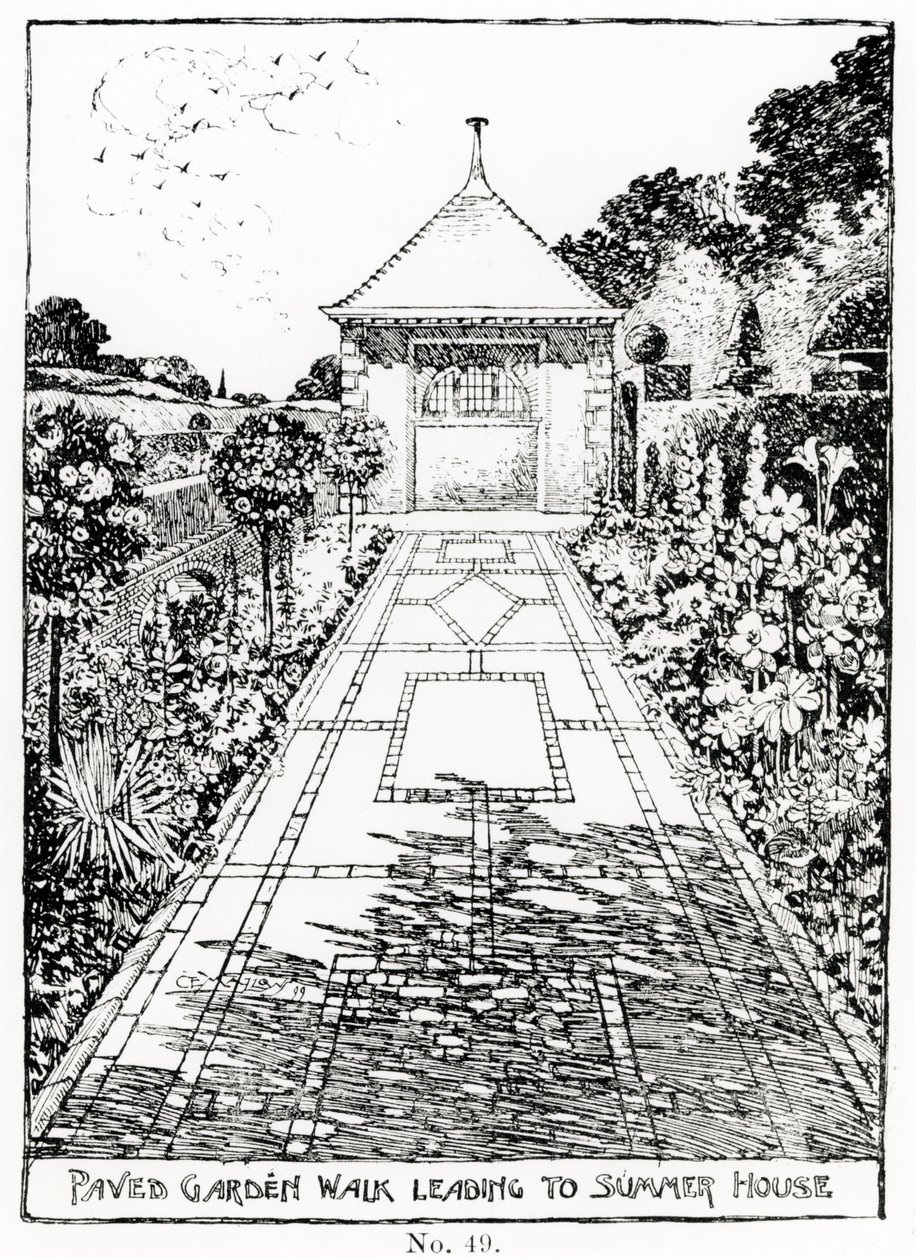Dlážděná zahradní cesta vedoucí k letnímu domu, z knihy Thomase Mawsona "The Art and Craft of Garden Making", vydané v roce 1900. od Thomas Hayton Mawson