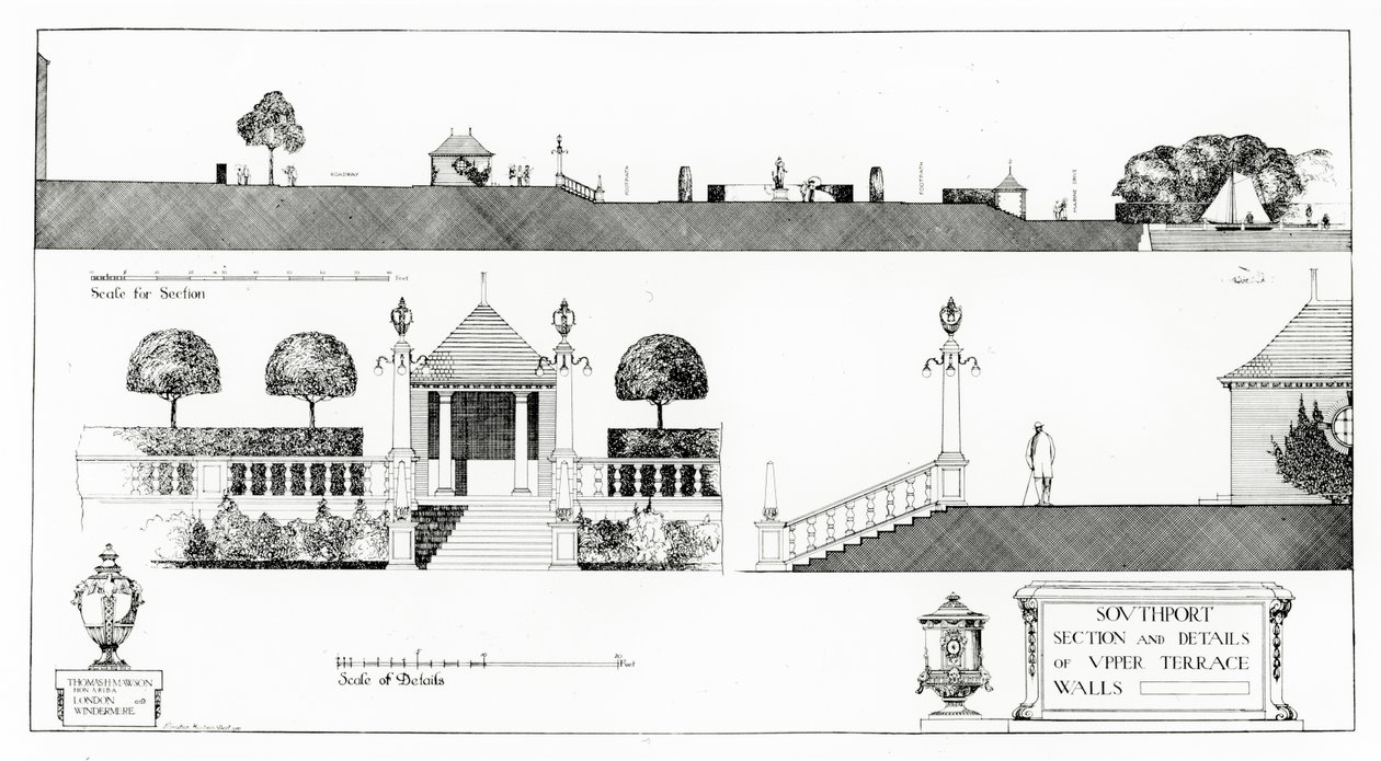 Southport: Sekce a detaily horní terasy a zdí, z Thomas Mawson