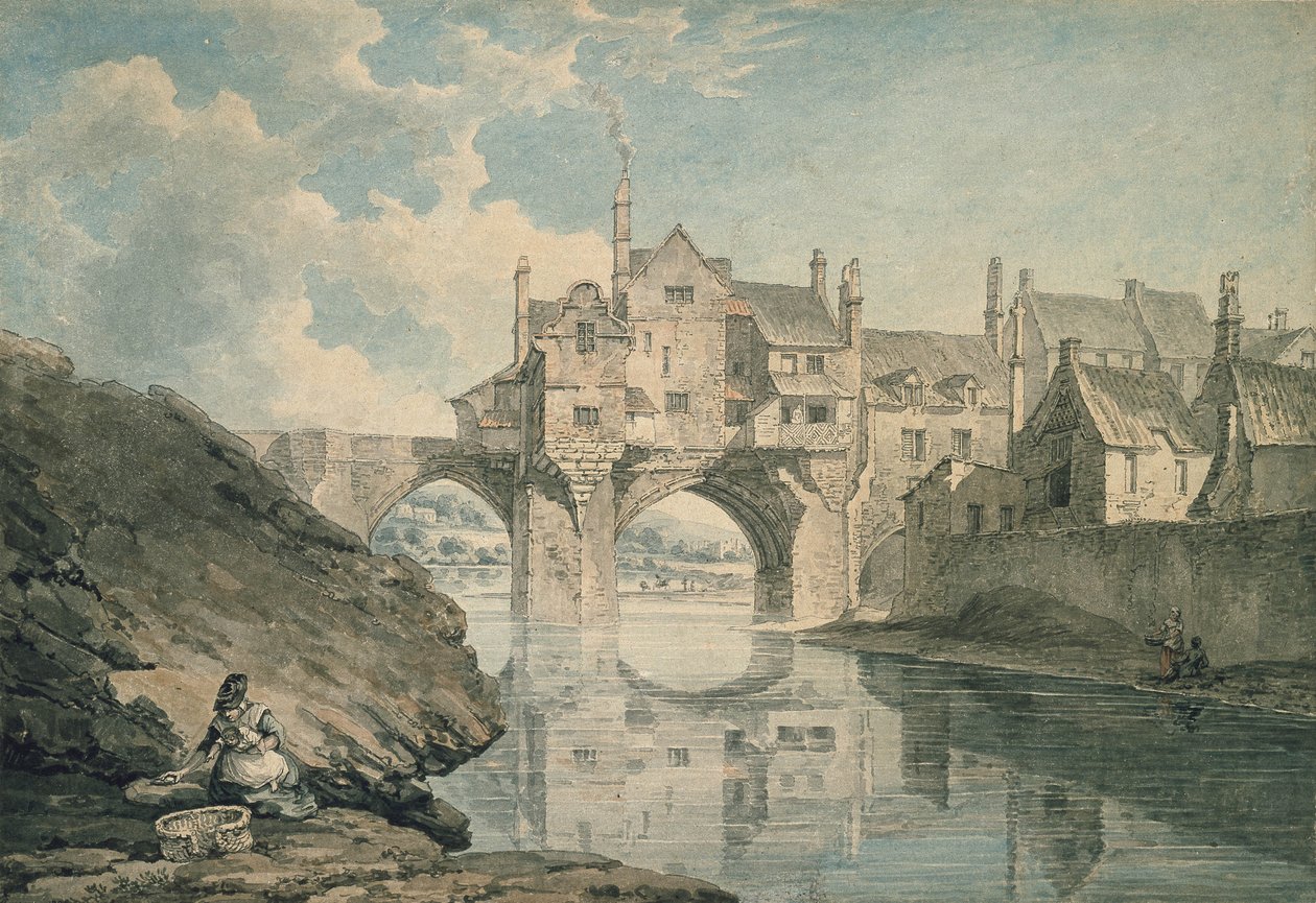 Elvet Bridge, Durham, 18. století (wc a tužka na papíře) od Thomas Hearne
